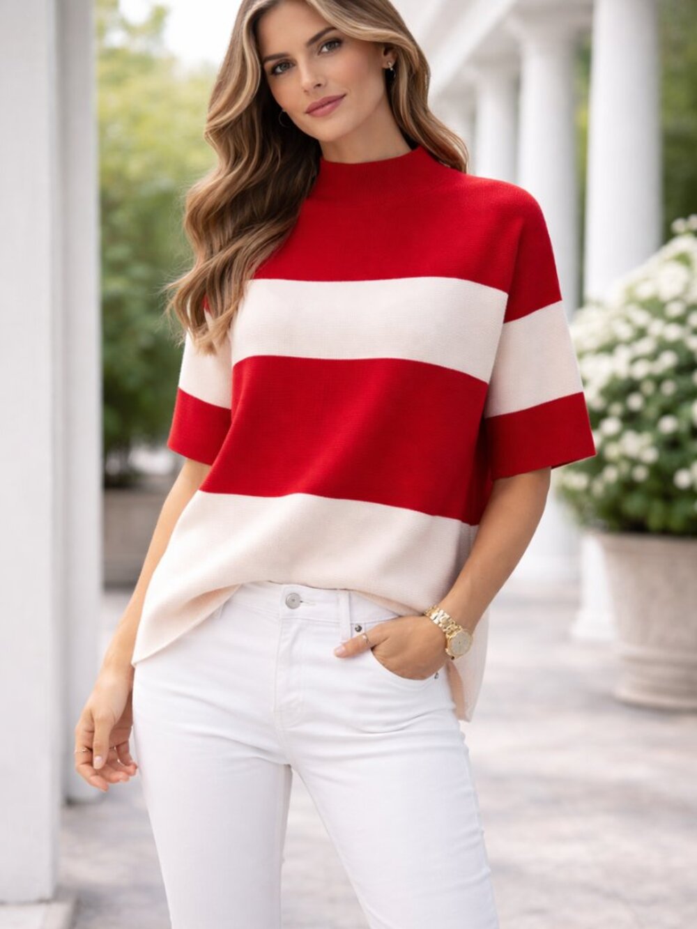 TAS90603 Red & White Striped Sweater by STYLE